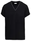 Brunello Cucinelli Black V-neck T-shirt With Monile Detail In Stretch Cotton Woman  In Black