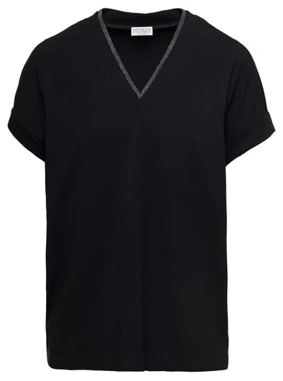 BRUNELLO CUCINELLI BLACK V-NECK T-SHIRT WITH MONILE DETAIL