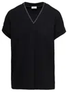 Brunello Cucinelli Black V-neck T-shirt With Monile Detail In Stretch Cotton Woman  In Black