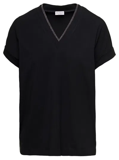 BRUNELLO CUCINELLI BRUNELLO CUCINELLI BLACK V-NECK T-SHIRT WITH  MONILE DETAIL IN STRETCH COTTON WOMAN BRUNELLO CUCINEL