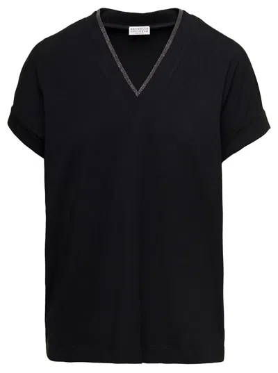 BRUNELLO CUCINELLI BLACK V-NECK T-SHIRT WITH  MONILE DETAIL IN STRETCH COTTON WOMAN BRUNELLO CUCINELLI