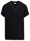 Brunello Cucinelli Black V-neck T-shirt With Monile Detail In Stretch Cotton Woman