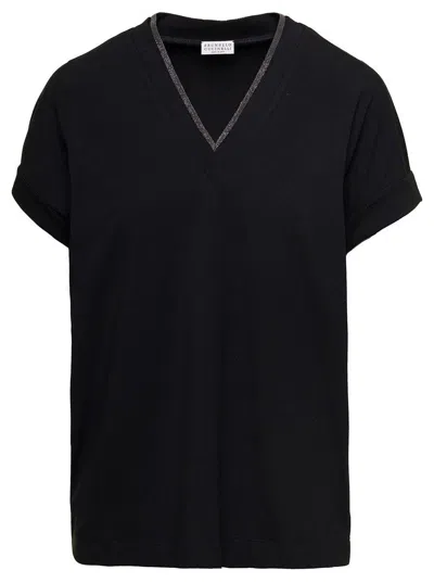 Brunello Cucinelli Black V-neck T-shirt With Monile Detail In Stretch Cotton Woman