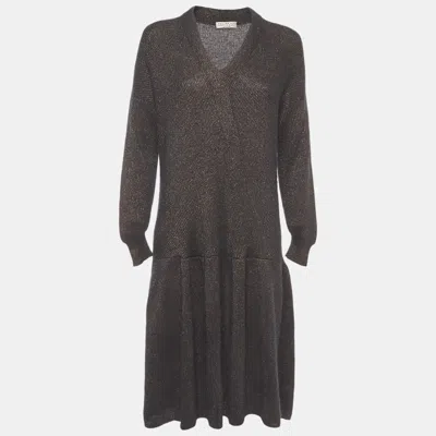 Pre-owned Brunello Cucinelli Black/gold Lurex Knit Knee Length Dress M