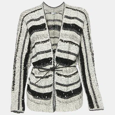 Pre-owned Brunello Cucinelli Black/white Striped Knit Sequin Detail Cardigan M