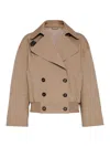 Brunello Cucinelli Brown Double-breasted Crop Jacket With Windbreak Flap And Classic Wide Lapels In Cotton Blend Woman In Brown