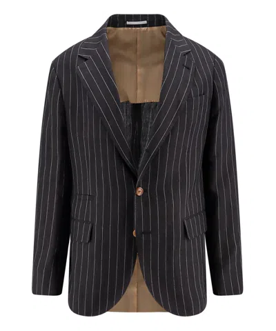 Brunello Cucinelli Linen Blazer With Striped Motif In Black