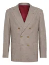 Brunello Cucinelli Beige Wool And Silk Double-breasted Blazer In Multi