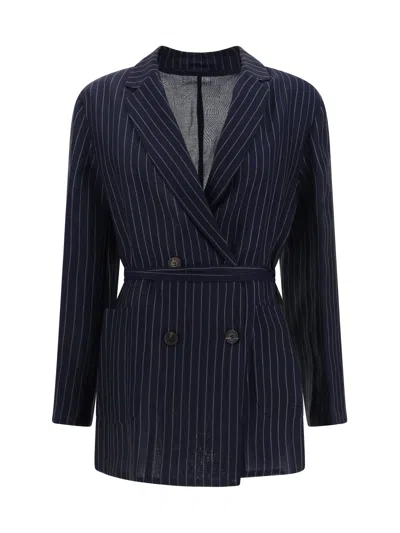 Brunello Cucinelli Metallic Pinstripe Cotton Gauze Belted Double-breasted Blazer Jacket In Blue