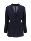 Brunello Cucinelli Metallic Pinstripe Cotton Gauze Belted Double-breasted Blazer Jacket In Blu/argento