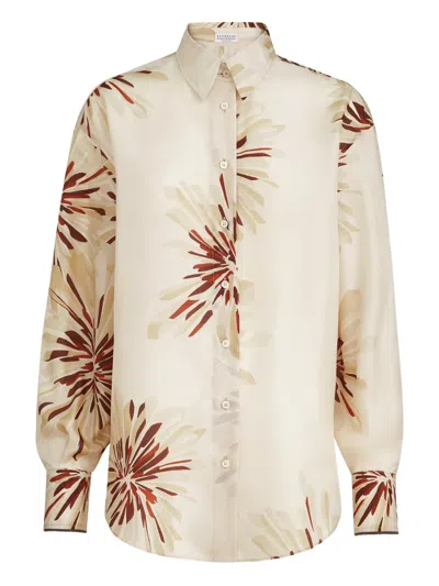 Brunello Cucinelli Bloom-print Monili-detail Shirt In Neutral