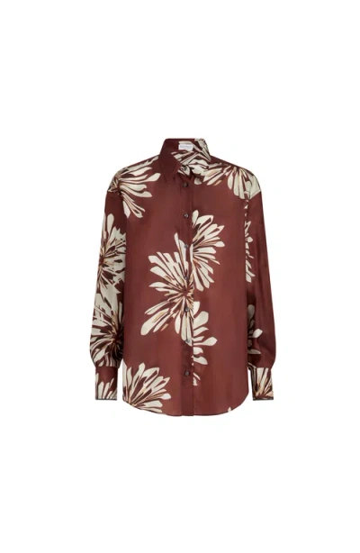 Brunello Cucinelli Bloom Print Pongee Shirt In Burgundy