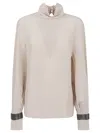 Brunello Cucinelli Embellished Cuffs High Neck Blouse In Multi