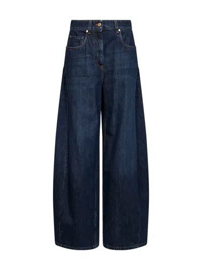 Brunello Cucinelli Blue Authentic Denim Wide Jeans With Monili