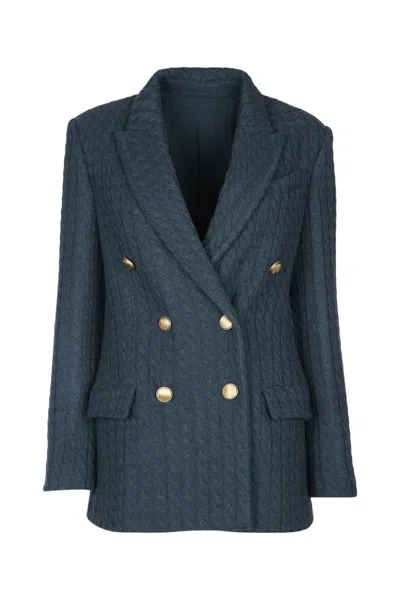 Brunello Cucinelli Blue Cable Knit Double-breasted Jacket With Peak Revers In Cashmere Woman