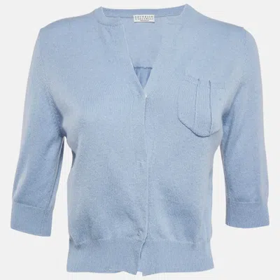 Pre-owned Brunello Cucinelli Blue Cashmere Knit Crop Cardigan L