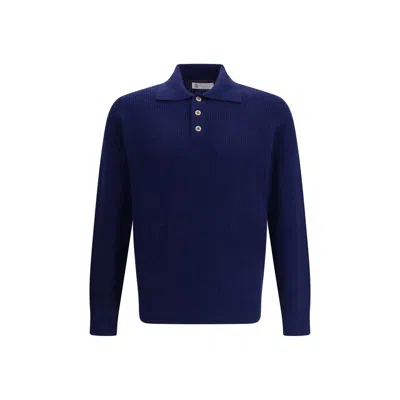 Brunello Cucinelli Long-sleeve Cashmere Polo Shirt In Blue
