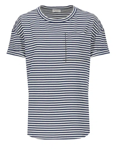 Brunello Cucinelli Blue Contrasting Striped Cotton T-shir In Multi