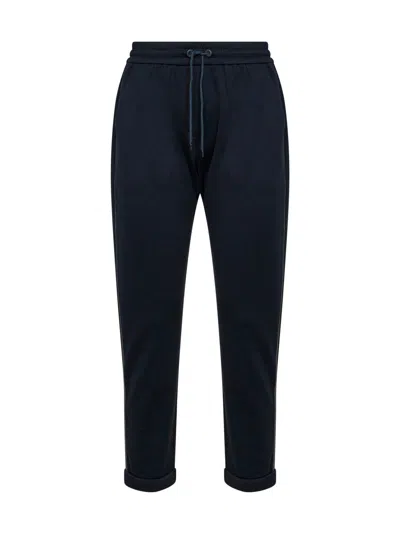 Brunello Cucinelli Blue Cotton And Silk Interlock Trousers With Monili In Multi