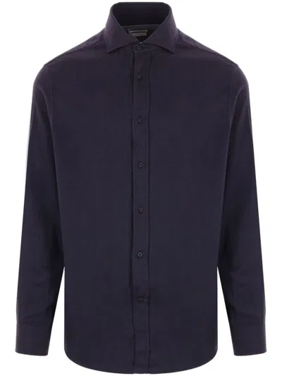 BRUNELLO CUCINELLI BLUE COTTON BLENDED  LONG-SLEEVED SHIRT