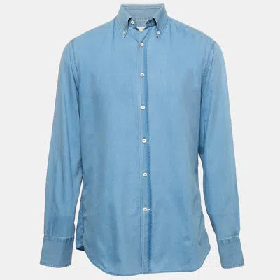 Pre-owned Brunello Cucinelli Blue Cotton Button Front Slim Fit Shirt L