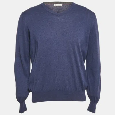Pre-owned Brunello Cucinelli Blue Cotton Knit V-neck Sweatshirt L
