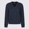 Brunello Cucinelli Cotton Double Cable-knit V-neck Sweater With Micro Pailettes In Blue Colorato