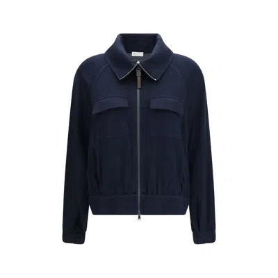 Brunello Cucinelli High-neck Sweatshirt In Cotton And Silk Blend In Blue