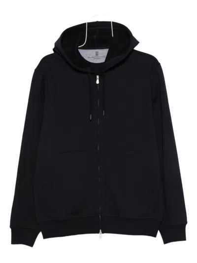 BRUNELLO CUCINELLI BLUE COTTON ZIPPED HOODIE