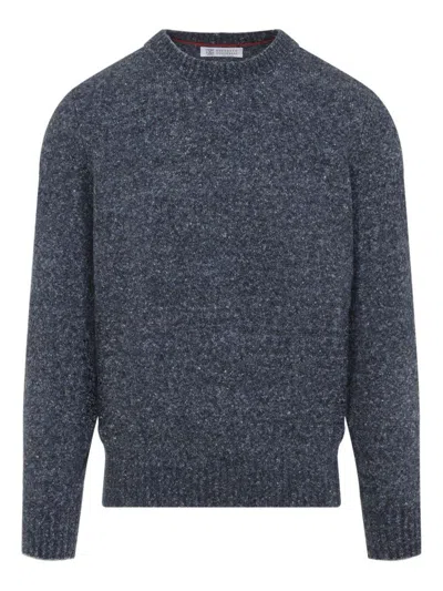 Brunello Cucinelli Blue Crewneck Sweater With A Melange Effect In Gray
