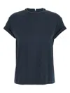 Brunello Cucinelli Blue Crewneck T-shirt With Monil Detail On The Collar And Rear Cut-out In Cotton Stretch Woman In Blue