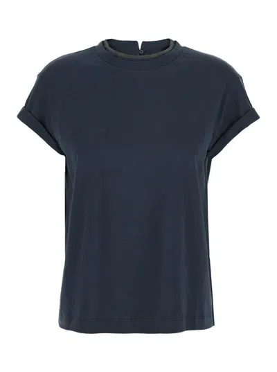 Brunello Cucinelli Blue Crewneck T-shirt With Monil Detail On The Collar And Rear Cut-out In Cotton Stretch Woman In Multicolor