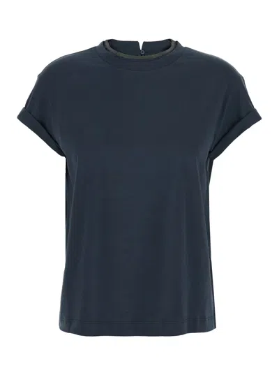 Brunello Cucinelli Blue Crewneck T-shirt With Monil Detail On The Collar And Rear Cut-out In Cotton Stretch Woman