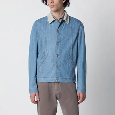 Brunello Cucinelli Blue Denim Jacket With Suede Collar