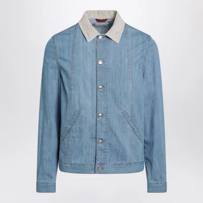 Brunello Cucinelli Blue Denim Jacket With Suede Collar Men
