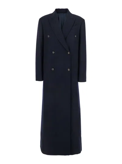 Brunello Cucinelli Blue Double-breasted Long Coat With Peak Revers In Wool Blend Woman