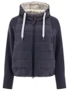 BRUNELLO CUCINELLI BLUE DOWN JACKET WITH MONILI, KNIT HOOD AND SLEEVES FOR WOMEN