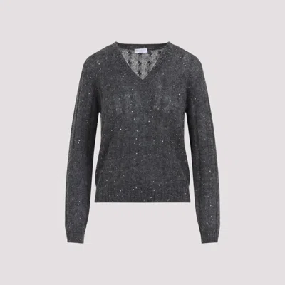 BRUNELLO CUCINELLI BLUE EMBELLISHED V-NECK JUMPER
