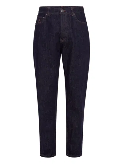 BRUNELLO CUCINELLI BLUE EMBROIDERED LOGO JEANS