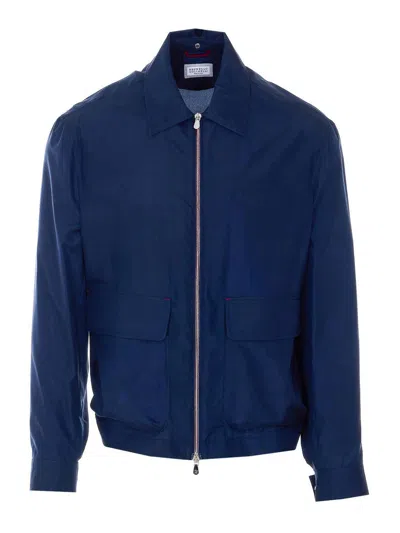 Brunello Cucinelli Blue Jacket With Frontal Zip Closure