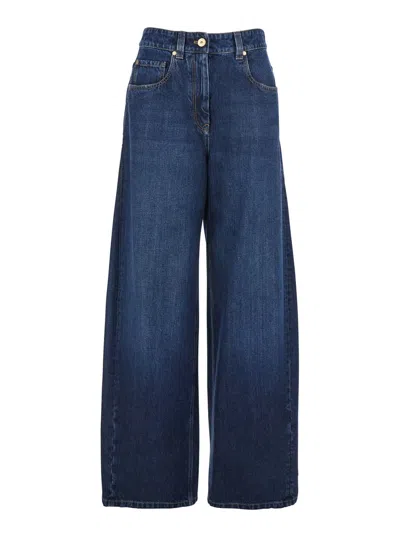 BRUNELLO CUCINELLI BLUE JEANS WITH FIVE-POCKET DESIGN AND PATCH LOGO ON THE BACK IN DENIM WOMAN