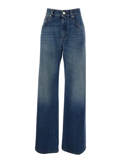 BRUNELLO CUCINELLI BLUE JEANS WITH LOGO PATCH ON THE REAR AND MONIL DETAIL ON THE LOOP IN DENIM WOMAN