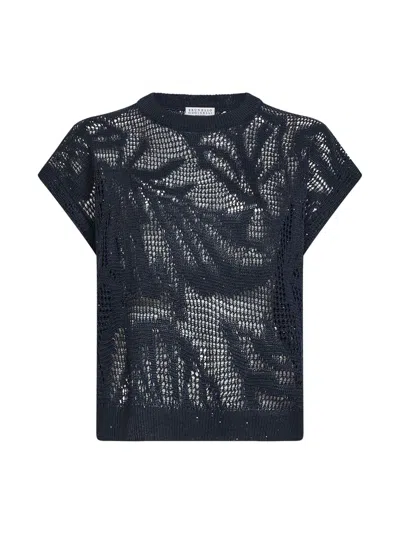 Brunello Cucinelli Blue Knit Dazzling Water Lillies T-shirt