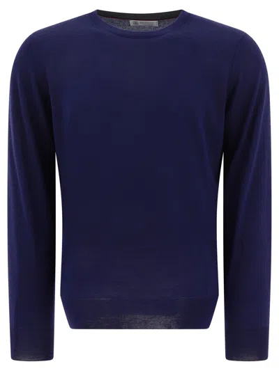 Brunello Cucinelli Blue Lightweight Cashmere And Silk Crew-neck Sweater For Men