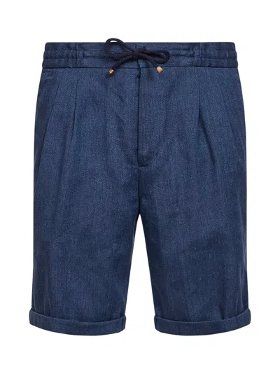 Brunello Cucinelli Blue Linen And Virgin Wool Chevron Bermuda Shorts