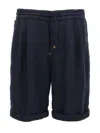 Brunello Cucinelli Garment Dyed Linen Gabardine Bermuda Shorts With Drawstring And Darts In Blue