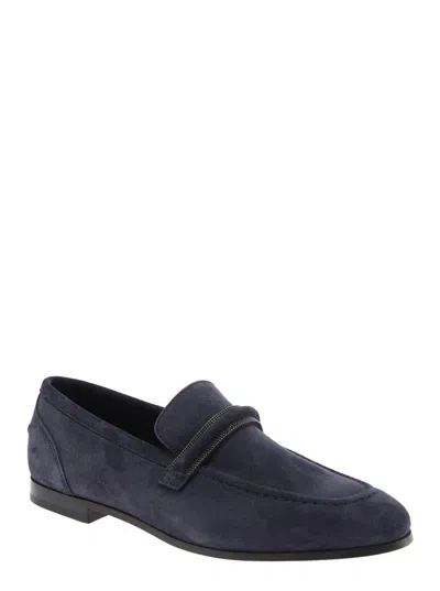 Brunello Cucinelli Blue Loafers With Monil Detail On The Front In Suede Woman