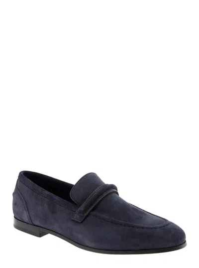 Brunello Cucinelli Blue Loafers With Monil Detail On The Front In Suede Woman
