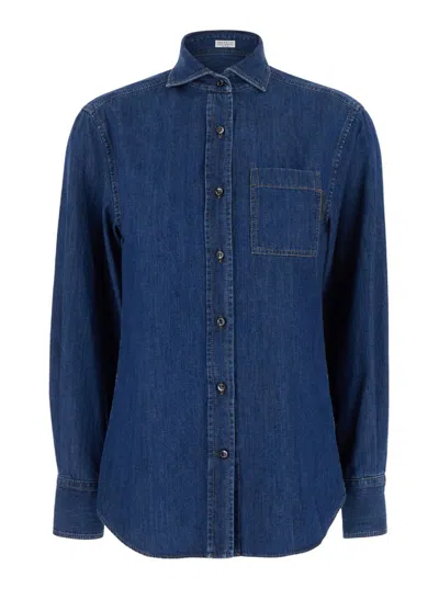 BRUNELLO CUCINELLI BRUNELLO CUCINELLI BLUE LONG SLEEVE SHIRT WITH PATCH POCKET IN DENIM