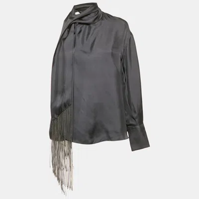 Pre-owned Brunello Cucinelli Blue Monili Detail Silk Asymmetric Sleeve Top S